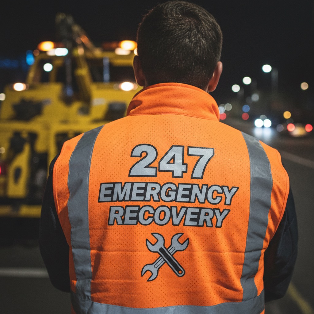 A recovery worker stands in front of a tow truck at night wearing an orange high-visibility vest that reads 247 Emergency Recovery with a wrench icon.